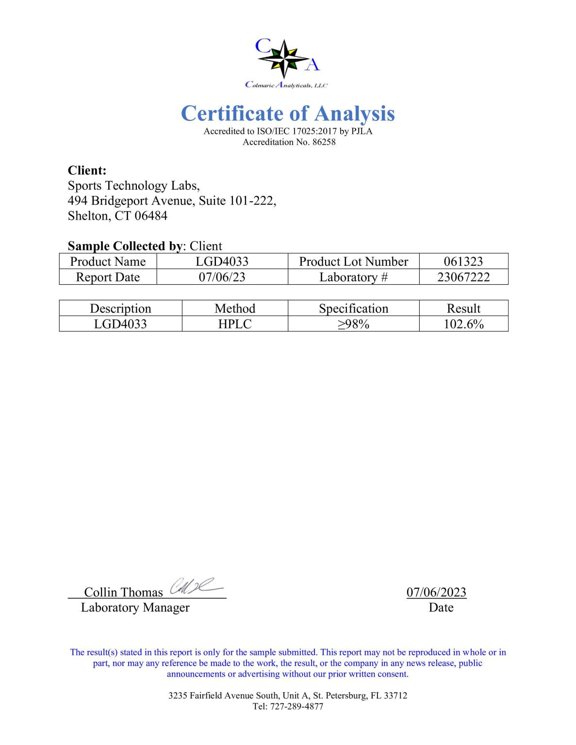 Sports Technology Labs Liquid SARMs LGD 4033 Certificate of Analysis