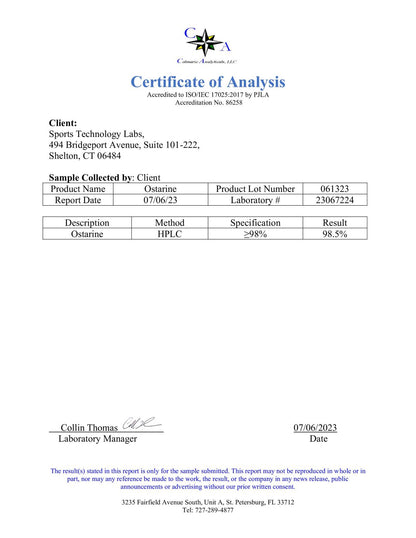 Sports Technology Labs Liquid SARMs Ostarine Certificate of Analysis