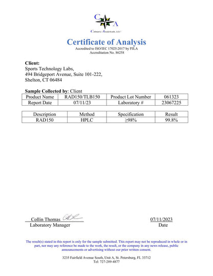 Sports Technology Labs SARMs RAD 150 Certificate of Analysis