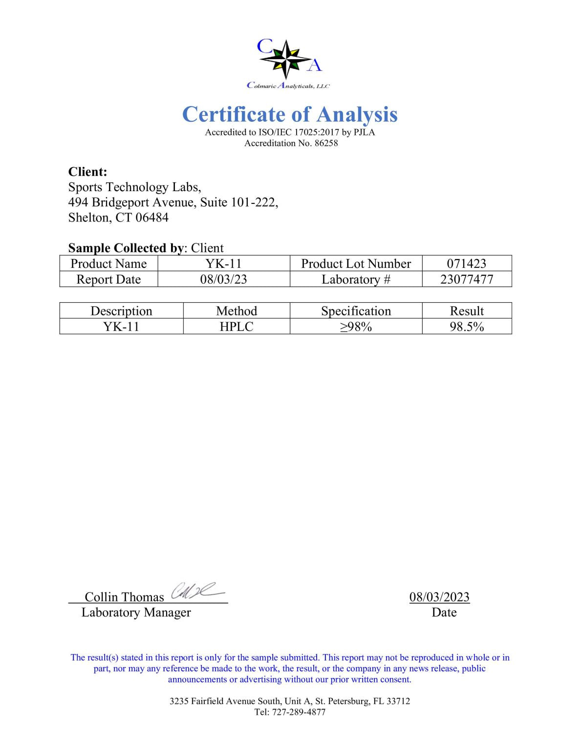 Sports Technology Labs Liquid SARMs YK 11 Certificate of Analysis